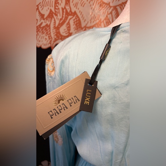 Papa Pia Sky Blue Long-Sleeve Embroidered Maxi Dress with Tassel Tie - Picture 6 of 7